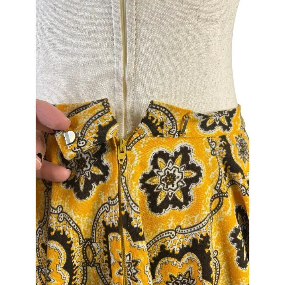 Vtg Midi Full Skirt Yellow Brown Tassels Waist 60s 70s Retro Talon Zipper